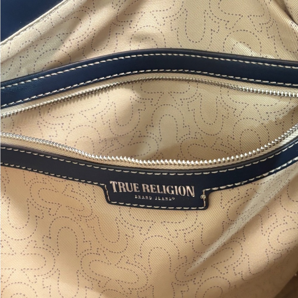 True Religion Denim Tote Bag Frayed Trim Blue Dark Wash Y2K Buddha World Tour - Picture 7 of 15
